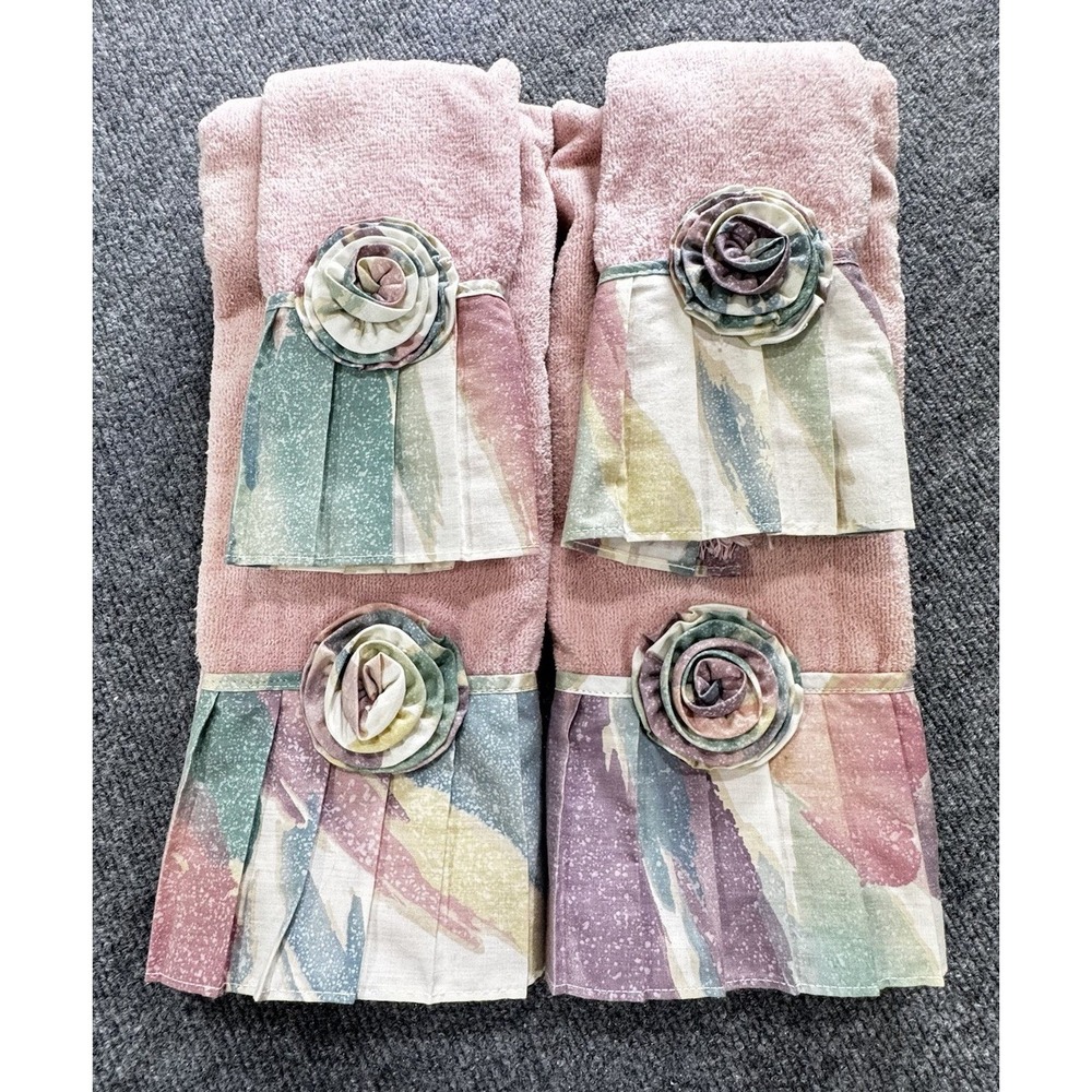 4pc Vtg  AVANTI Bath Towel Set 1978 Pink Floral Ruffles Rosettes Hand Fingertip